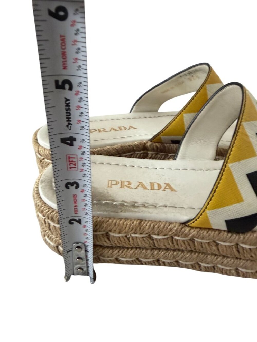 PRADA Zig Zag Beige Yellow Leather Platform Espadrilles Sandals Sz 37.5 / US 7.5 - Picture 4 of 9